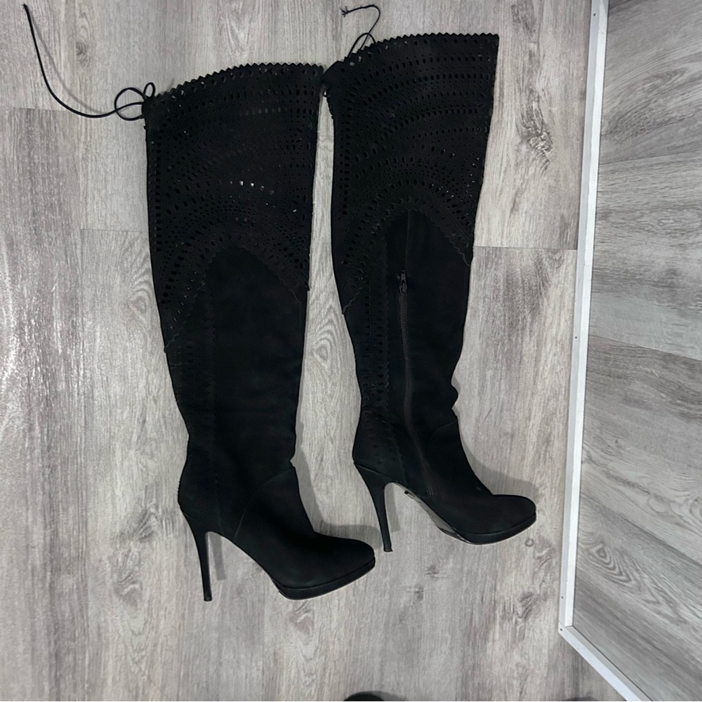 Pour La Victoire Over Knee Thigh High Boots Lois Womens 10 Black Suede Club City